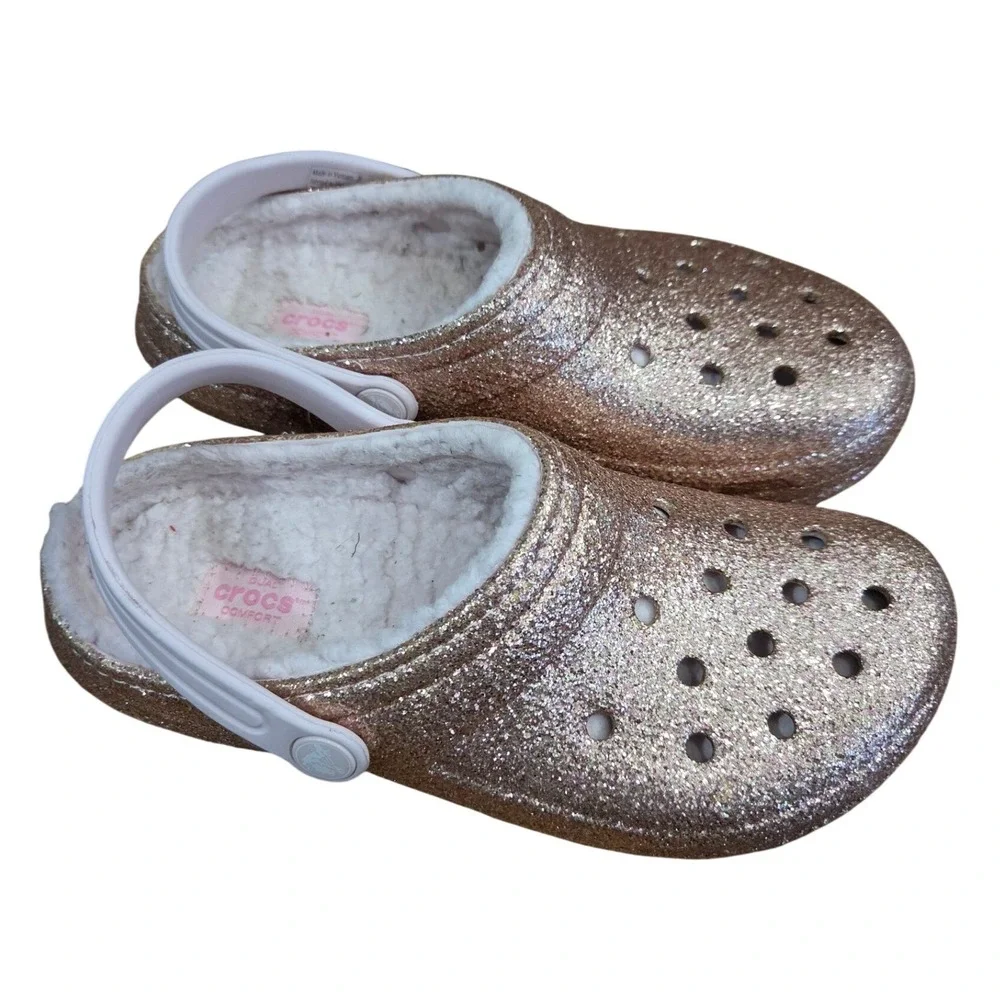Crocs Kids Comfort Classic Lined Clog Rose Gold Glitter Sparkle Fleece Soft 4